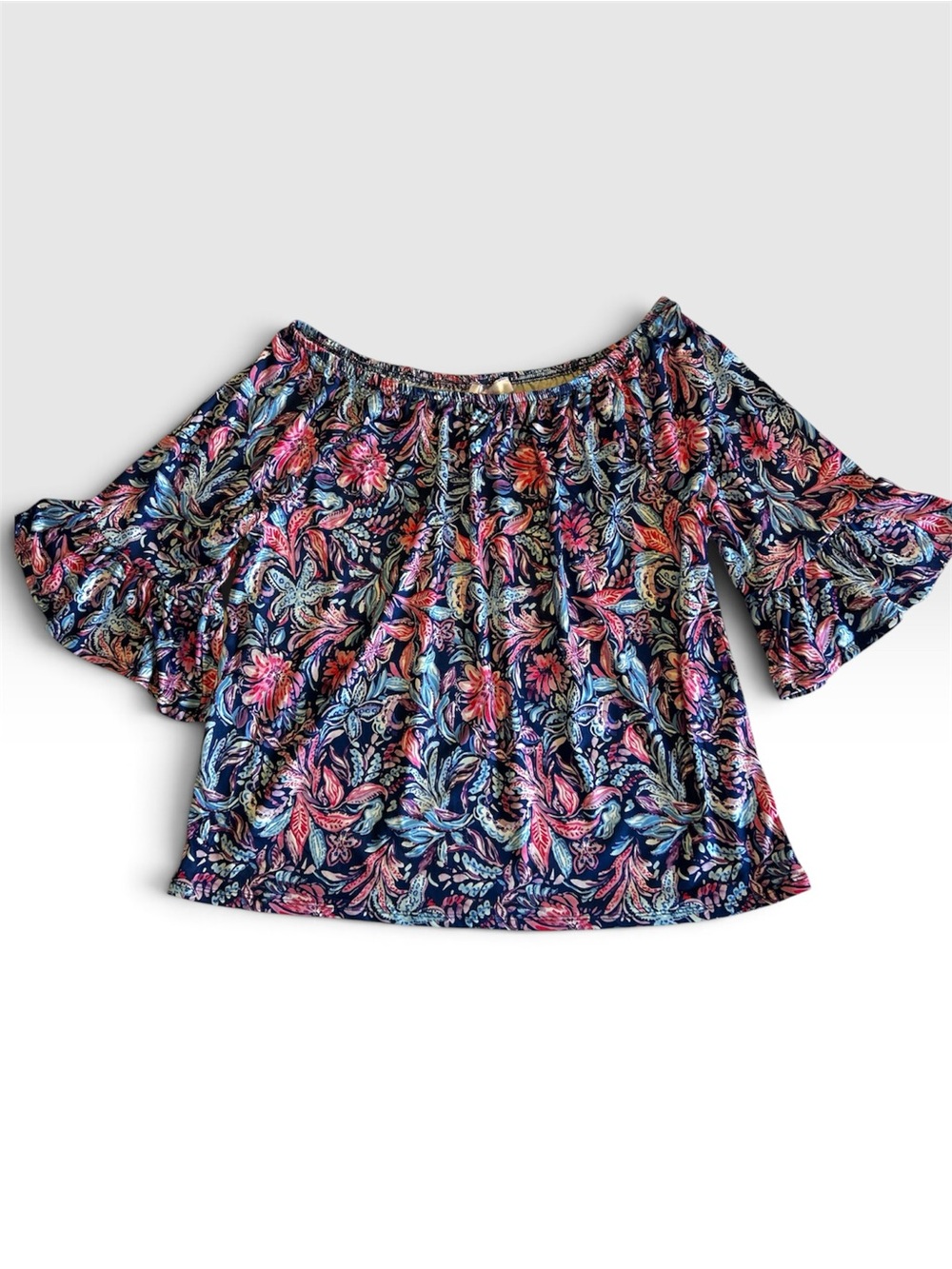 Stella Parker Stretch Floral Off-Shoulder Blouse in Navy and Pink